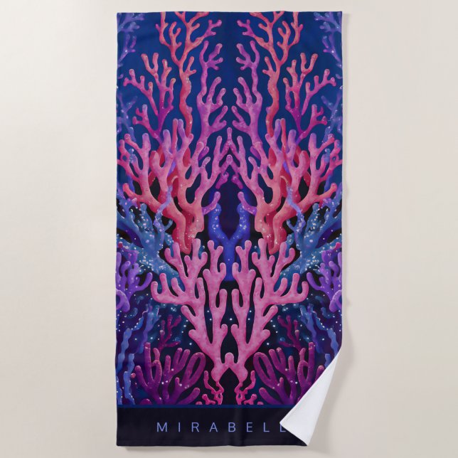 Pink & Purple Ocean Coral Personalized Beach Towel (Front)