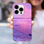 Pink Purple Ocean Sunset Girly Glam Confetti Name iPhone 16 Pro Case<br><div class="desc">Remember your summer vacation each time you use this personalized name cell phone case. Enjoy the solitude of the California Pacific Ocean with this stunning, purple, pink and blue sunset photo, tipped with tiny, sparkly purple and gold, girly glam confetti dots. Makes a great gift for someone special! Just type...</div>