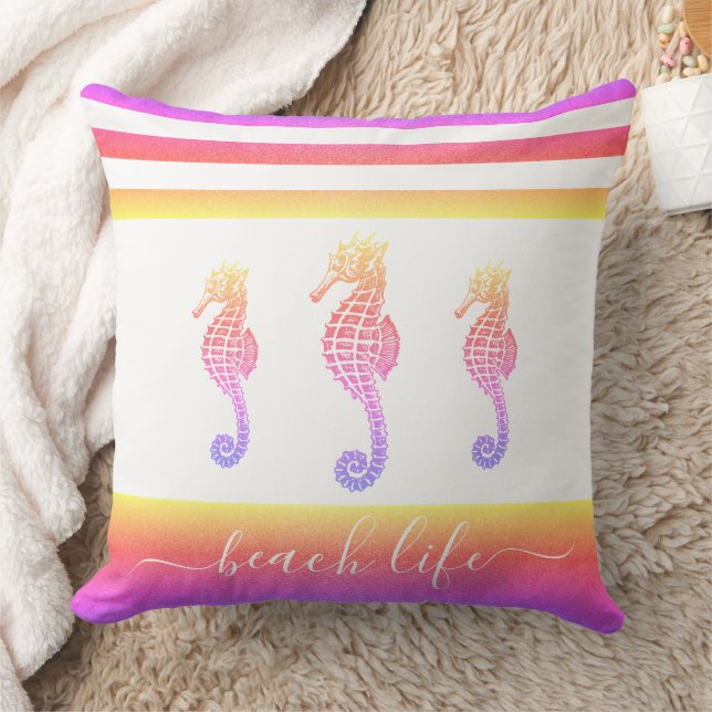 Pink purple ombre 3 seahorses beach life script throw pillow (Blanket)