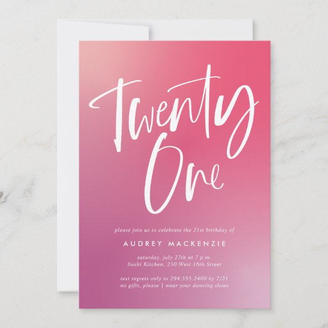 Pink Purple Ombre Calligraphy 21st Birthday Invitation (Front)