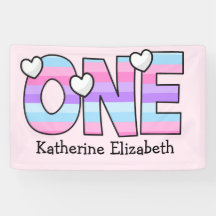 Pink Purple Ombre Stripes Hearts First Birthday