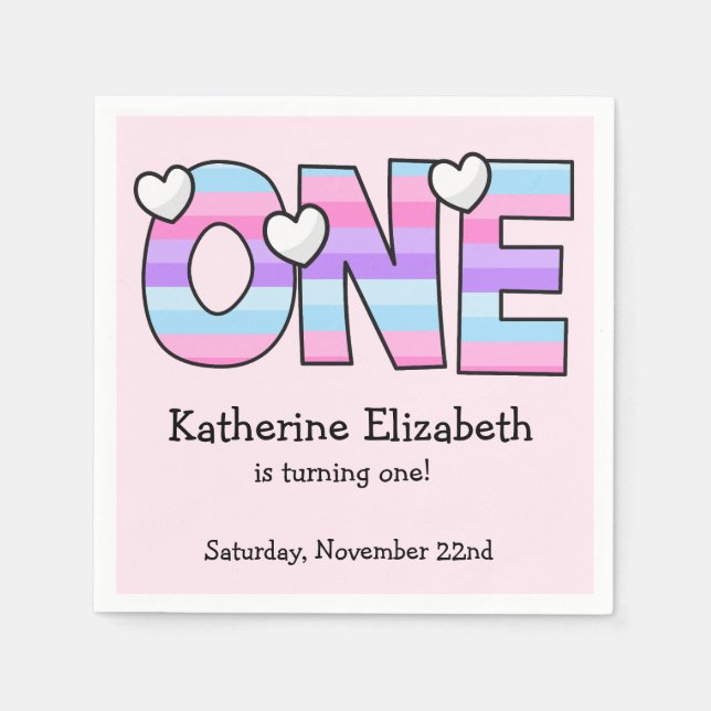 Pink Purple Ombre Stripes Hearts First Birthday Napkin (Front)