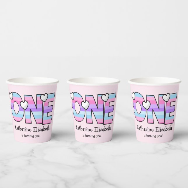 Pink Purple Ombre Stripes Hearts First Birthday Paper Cups (Multi)