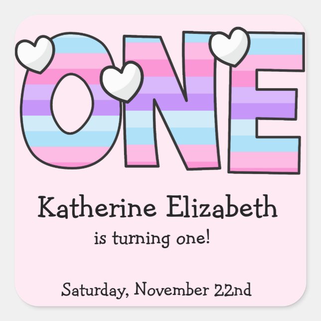 Pink Purple Ombre Stripes Hearts First Birthday Square Sticker (Front)