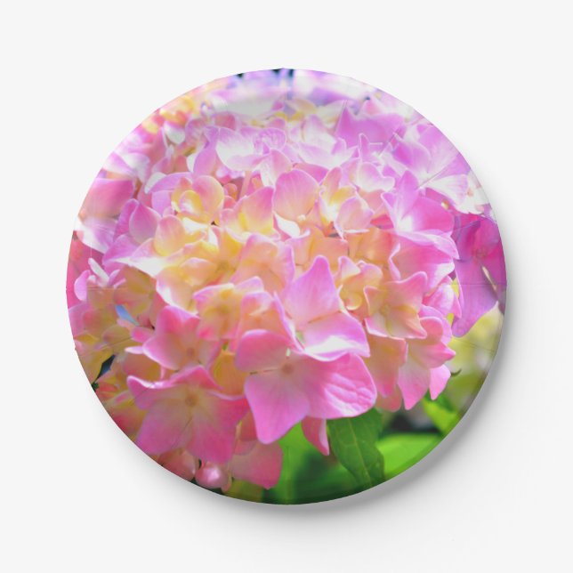 Pink purple orange hydrangeas paper plate (Front)