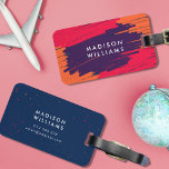 Pink Purple Orange Vibrant Modern Bold Strokes Luggage Tag<br><div class="desc">Trendy and modern luggage tag featuring vibrant thick marker strokes in pink, purple and orange with tiny splashes of pink and orange on top of it on the front and a blue back side with tiny splashes or pink and orange. Personalize it by replacing the placeholder text. For more options...</div>