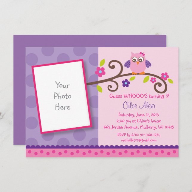 Pink & Purple Owl 1st Birthday Invitation (Front/Back)