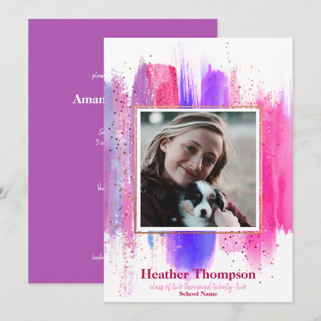 Pink & Purple Painted Glitter Sparkles Graduation  Invitation (Front/Back)