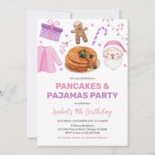 Pink Purple Pancakes and Pyjamas Birthday Invitation (Front)