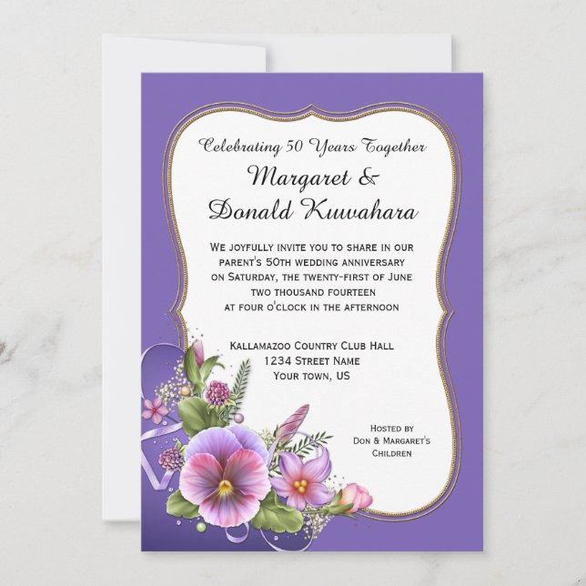 Pink Purple Pansies Gold Frame 50th Anniversary Invitation (Front)