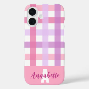 Pink Purple Pastel Gingham Pattern Monogram iPhone 16 Case