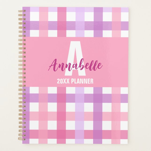 Pink Purple Pastel Monogram Gingham Pattern  Planner (Front)