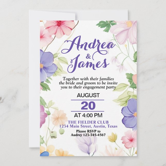Pink & Purple Pastel Wildflowers Engagement Party Invitation (Front)
