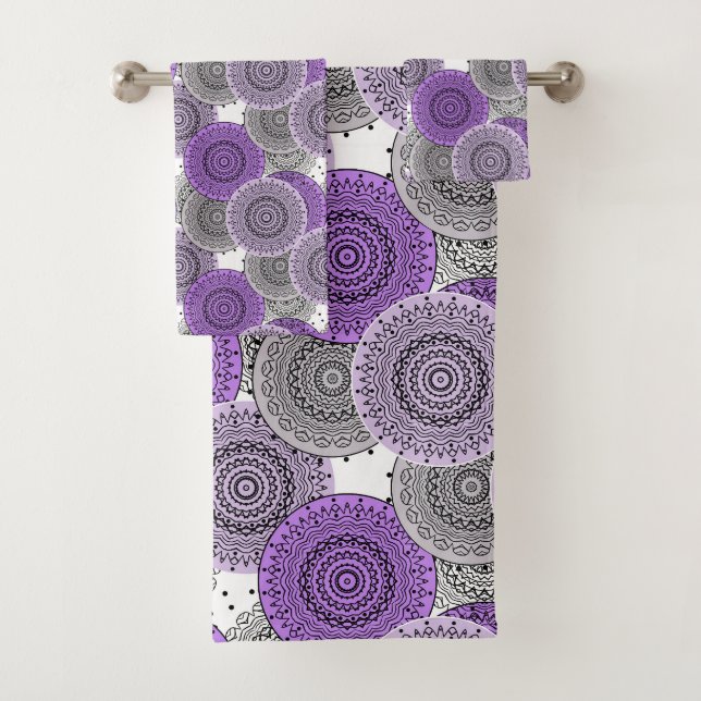 Pink purple pattern arabic mandala oriental style bath towel set (Insitu)