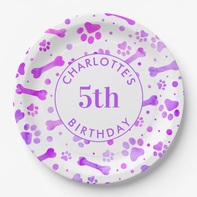 Pink Purple Paw Prints Personalized Birthday Paper Plate (Front)