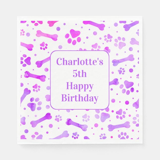 Pink Purple Paw Prints Personalized Birthday Party Napkin (Front)