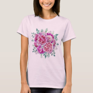 Pink Purple Peony Flowers & Green Leaves T-Shirt
