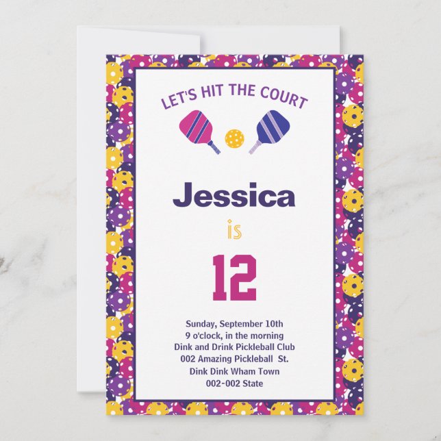 Pink & purple Pickleball B'day  party + RSVP Invit Invitation (Front)