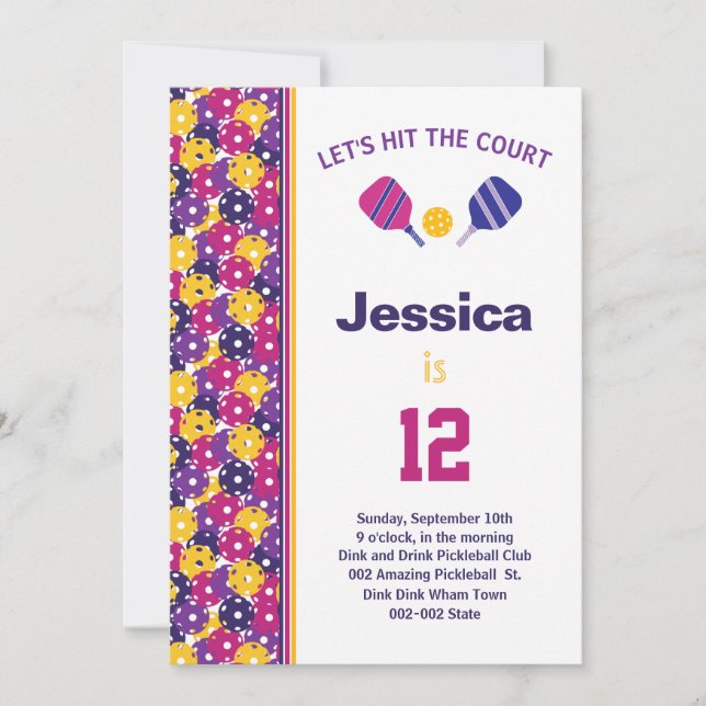 Pink & purple Pickleball B'day  party + RSVP Invitation (Front)