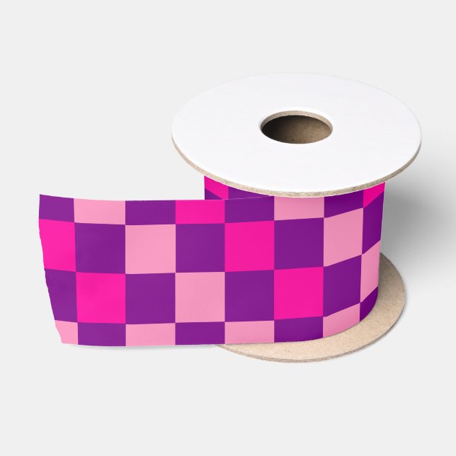 Pink Purple Pink Chequered Pattern Design  Satin Ribbon (Spool)