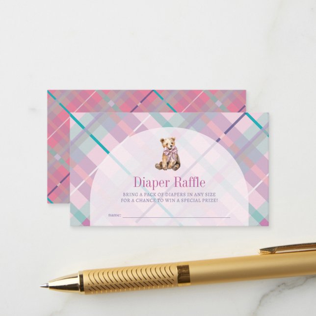 Pink Purple Plaid Teddy Bear Diaper Raffle Ticket Enclosure Card (Front/Back In Situ)
