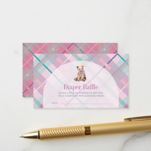 Pink Purple Plaid Teddy Bear Diaper Raffle Ticket Enclosure Card