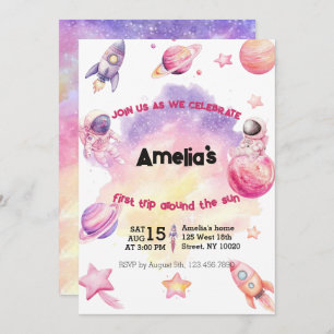 Pink Purple Planet Space First rip Around the Sun Invitation
