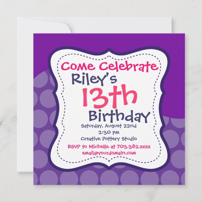 Pink Purple Polka Dots Birthday Party Invitations (Front)