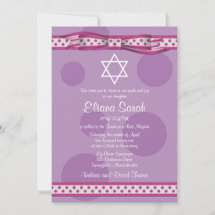 Pink Purple Polka Dots Bow Bat Mitzvah Invitation