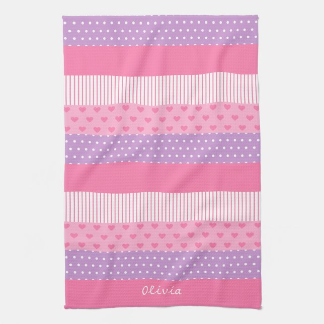Pink Purple Polka Dots Stripes Hearts Pattern Kitchen Towel (Vertical)