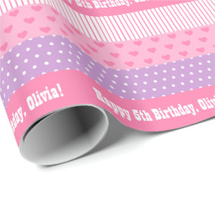 Pink Purple Polka Dots Stripes Hearts Pattern Wrapping Paper
