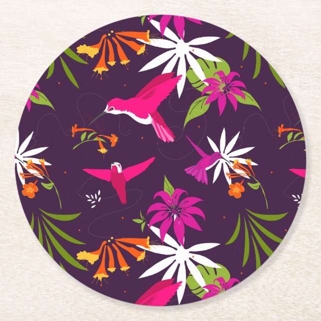 Pink Purple Pretty Hummingbird Tropical Pattern Round Paper Coaster (Front)