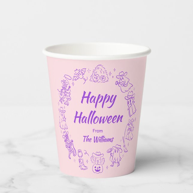 Pink Purple Quirky Hand Drawn Doodles Halloween Paper Cups (Back)