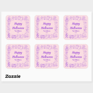 Pink Purple Quirky Hand Drawn Doodles Halloween Square Sticker