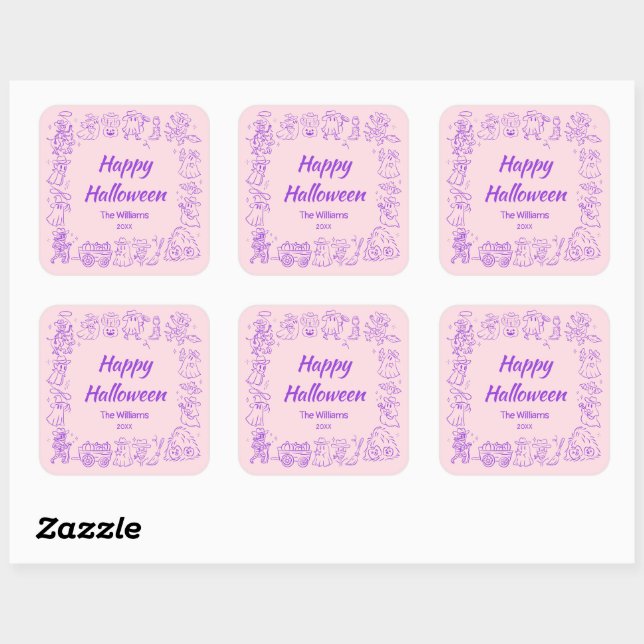 Pink Purple Quirky Hand Drawn Doodles Halloween Square Sticker (Sheet)