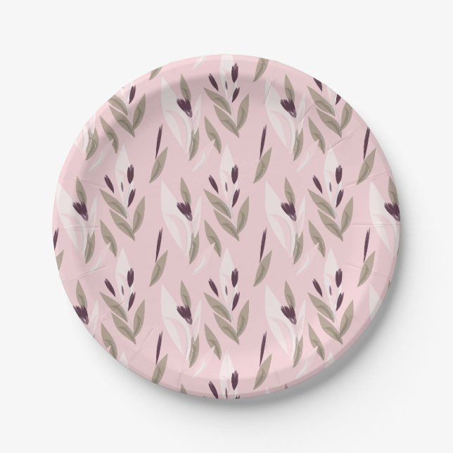 Pink purple red retro flower pattern paper plate (Front)