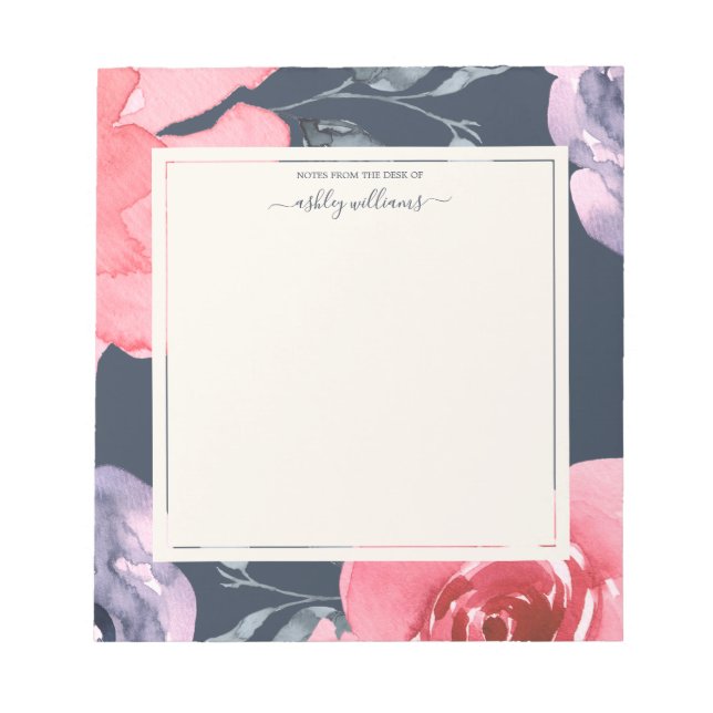 Pink Purple Rose Dark Blue Personalized Notepad (Front)