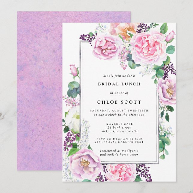 Pink Purple Rose Floral Bridal Lunch Invitation (Front/Back)