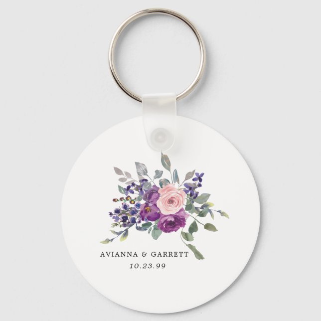 Pink Purple Rose Floral Personalized Wedding Favou Keychain (Front)