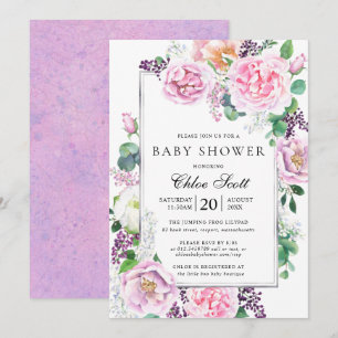 Pink Purple Rose Peony Floral Baby Shower Invitation