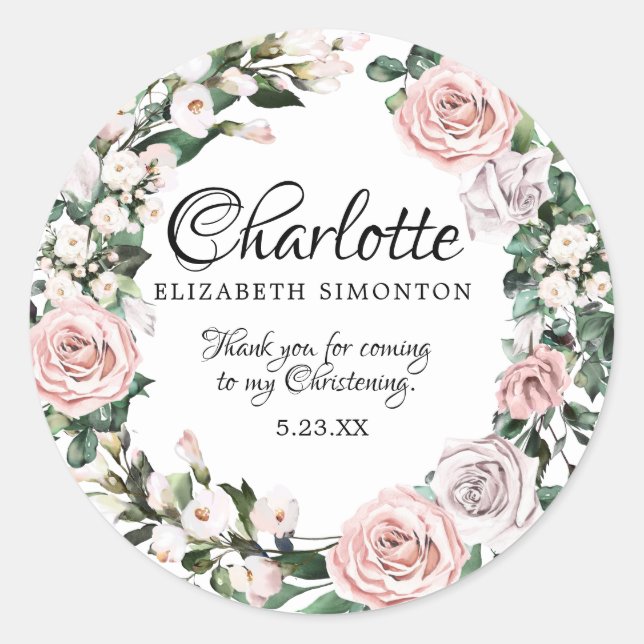 Pink Purple Rose Personalized Christening Classic Round Sticker (Front)