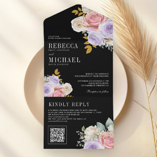 Pink Purple Roses Floral QR Code Black Wedding All In One Invitation