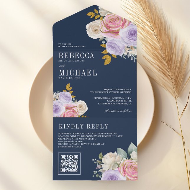 Pink Purple Roses Floral QR Code Navy Blue Wedding All In One Invitation (Creator Uploaded)
