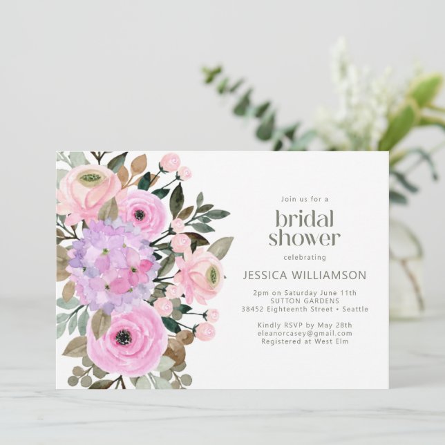 Pink Purple Rustic Garden Floral Bridal Shower Invitation (Standing Front)