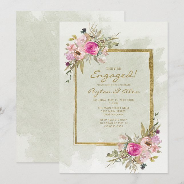 Pink Purple Sage Green Leaves Gold Engagement Invitation (Front/Back)