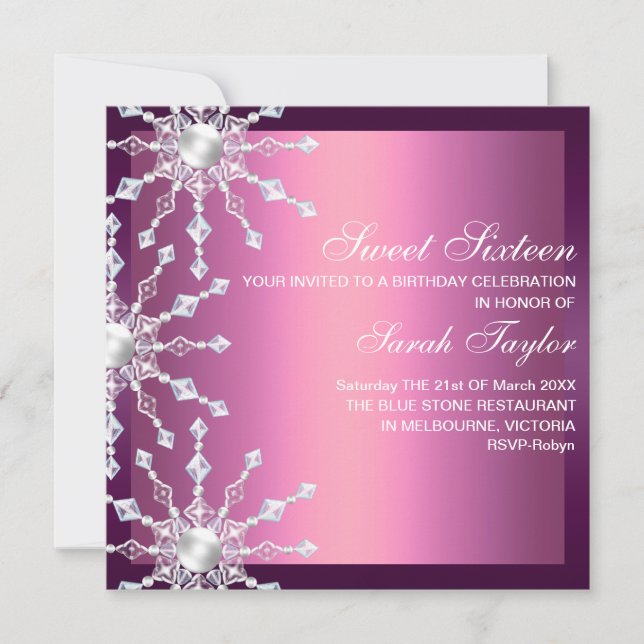 Pink & Purple Shimmer Snowflake Birthday Invite (Front)
