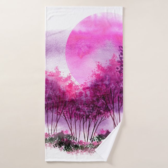 pink, purple silhouette of trees against the backg bath towel (Bath Towel)