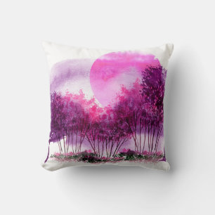 pink, purple silhouette of trees against the backg throw pillow