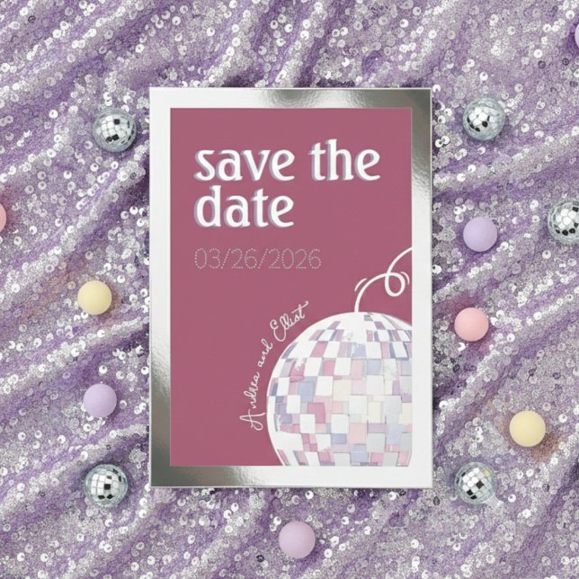 Pink, Purple & Silver Disco Wedding Save the Date (Creator Uploaded)