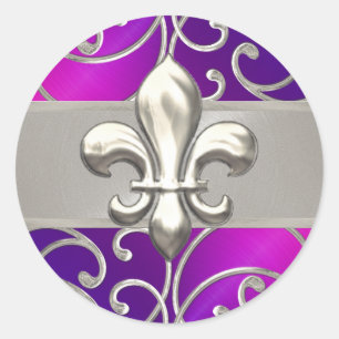 Pink Purple & Silver Filigree Swirls Fleur de Lis Classic Round Sticker